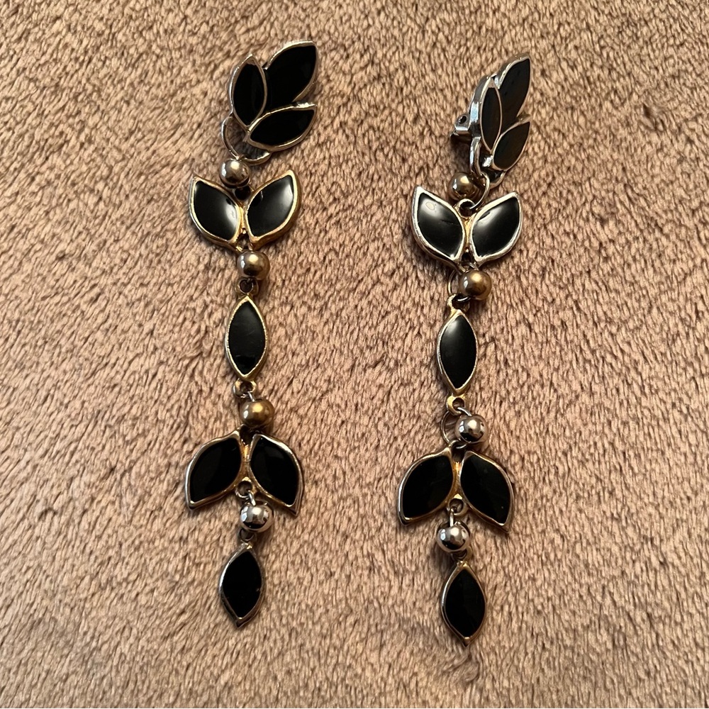 Clip-On Aged Gold Whimsy Dangle Vintage Earrings with Black Enamel Leaf Design